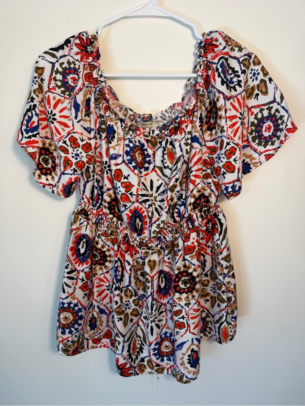 Bebonnie Boho Floral Smocked Waist Peasant Top White/Multi tile print Large